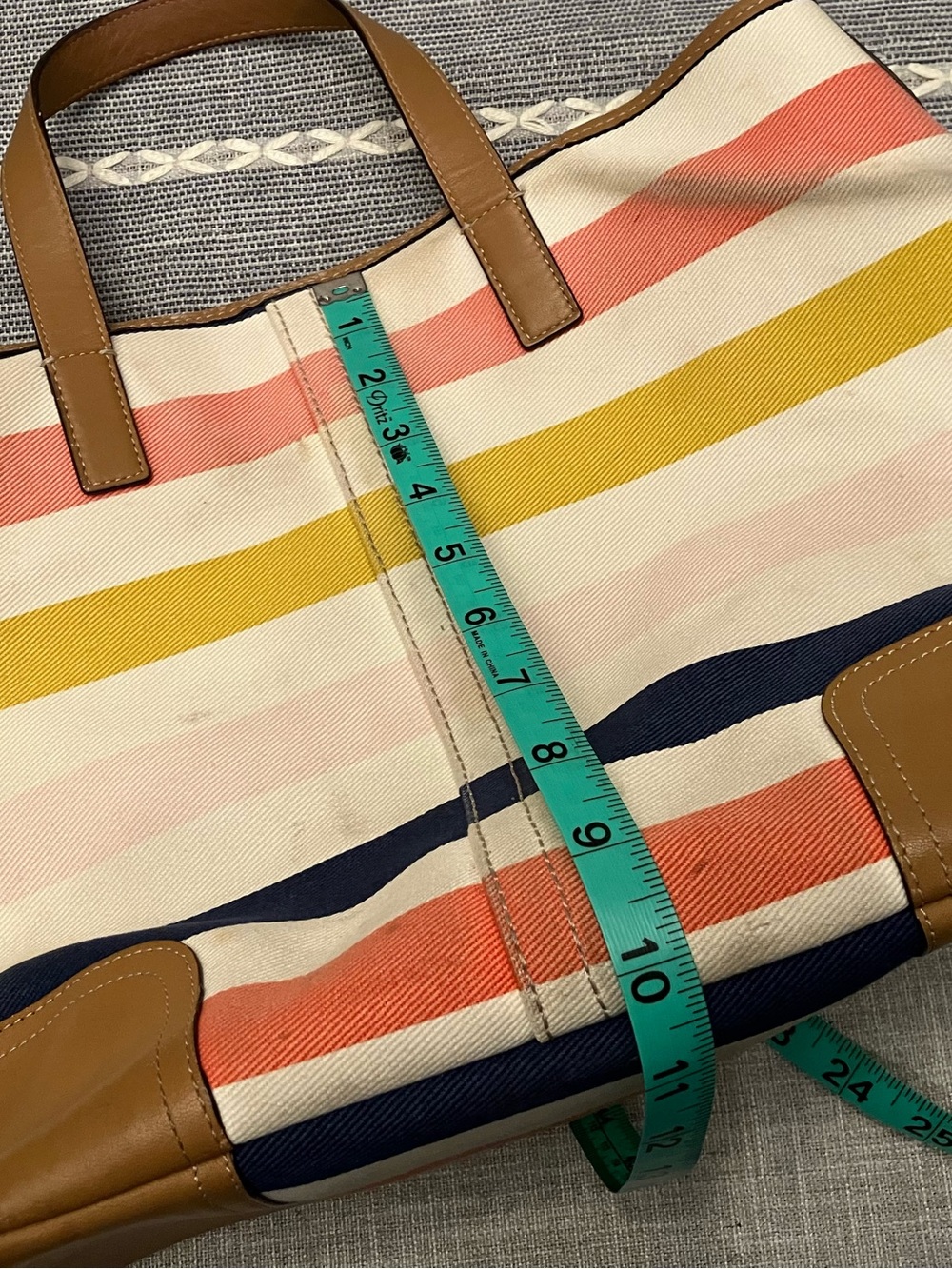 Coach Hadley Striped Canvas Tote with tan leather and signature hangtags - USED - Picture 9 of 14